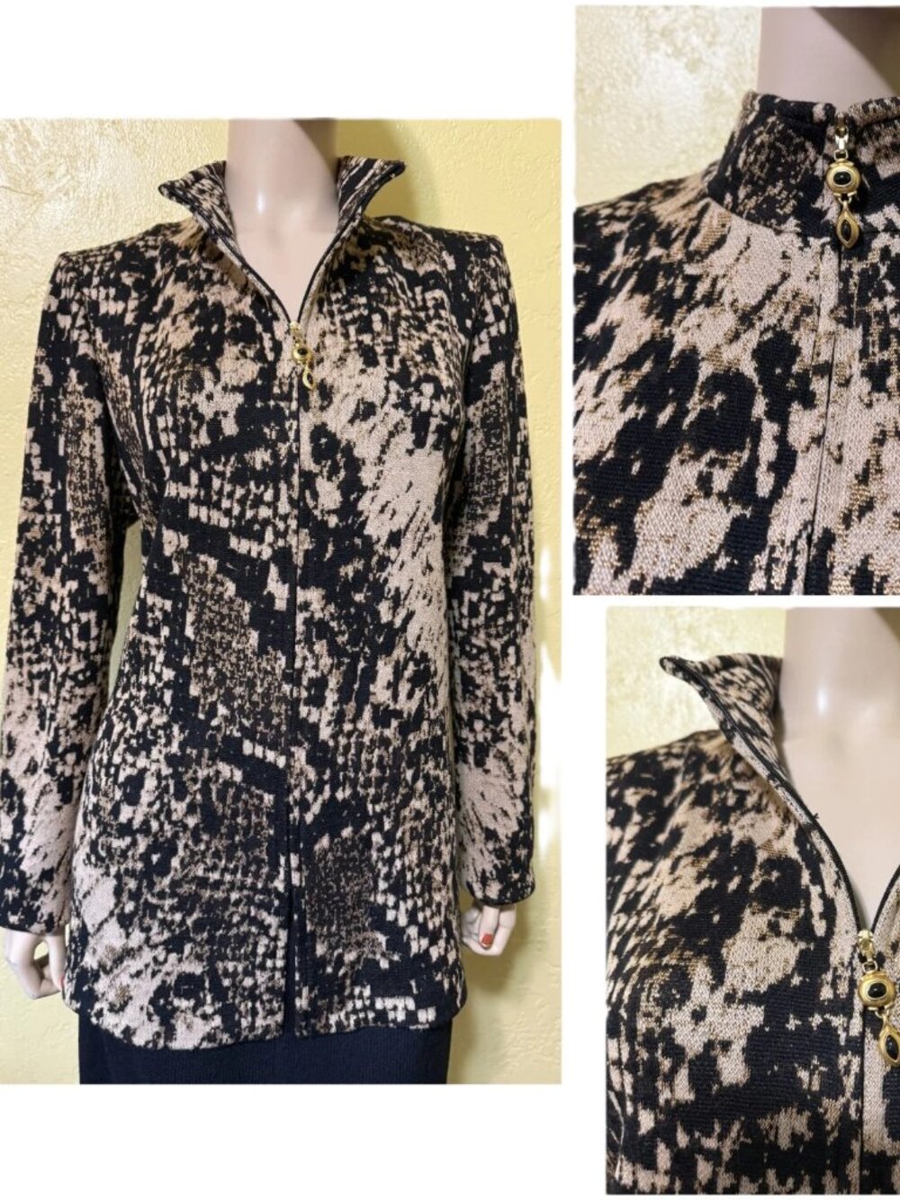 Nice Abstract or Animal Print St John Knit Front Zip Jacket sz 14